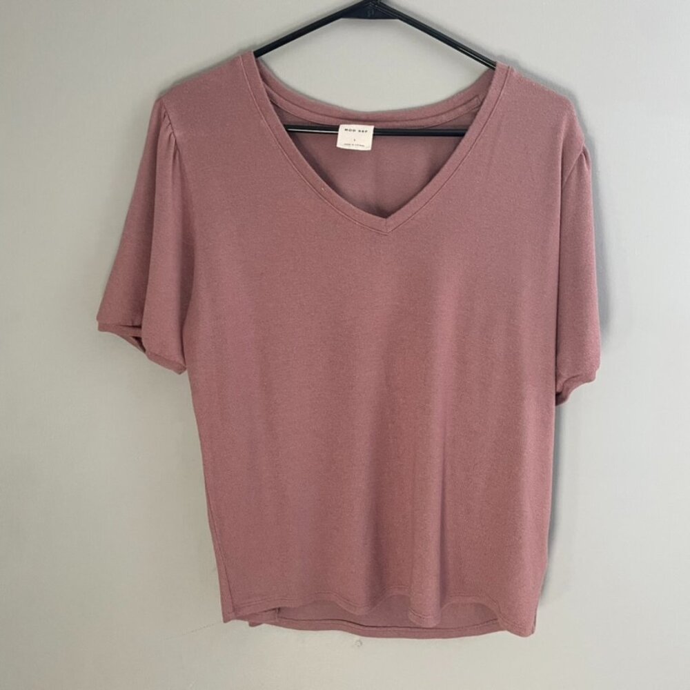 Mod Ref Dusty Rose V Neck Short Sleeve Knit Top Puff‎ Sleeve Large